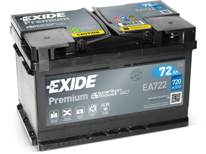 Exide 72AH Accu EA722 Batterij 720A Premium Carbon Boost 2.0 12V Loodaccu B13 ( +R ) 278X175X175 